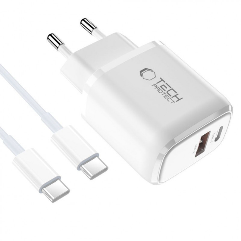 Tech-Protect NCA20 USB-A / USB-C Wandladegerät PD 20W / QC3.0 mit USB-C / USB-C Kabel 100 cm, Weiß