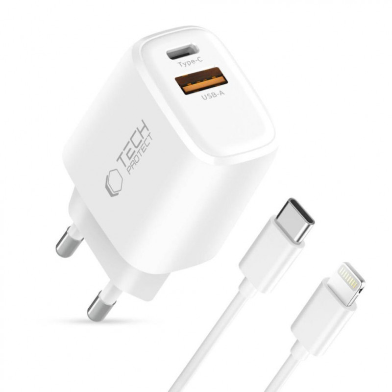 Tech-Protect NCA20 USB-A / USB-C Wandladegerät PD 20W / QC3.0 mit USB-C / Lightning Kabel 100 cm, Weiß