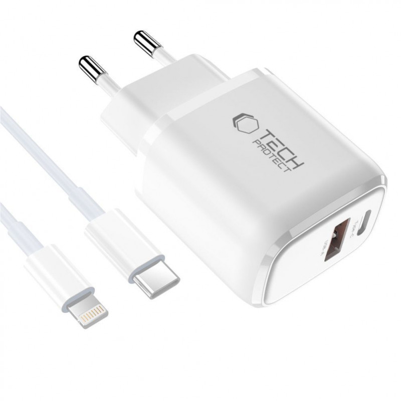 Tech-Protect NCA20 USB-A / USB-C Wandladegerät PD 20W / QC3.0 mit USB-C / Lightning Kabel 100 cm, Weiß