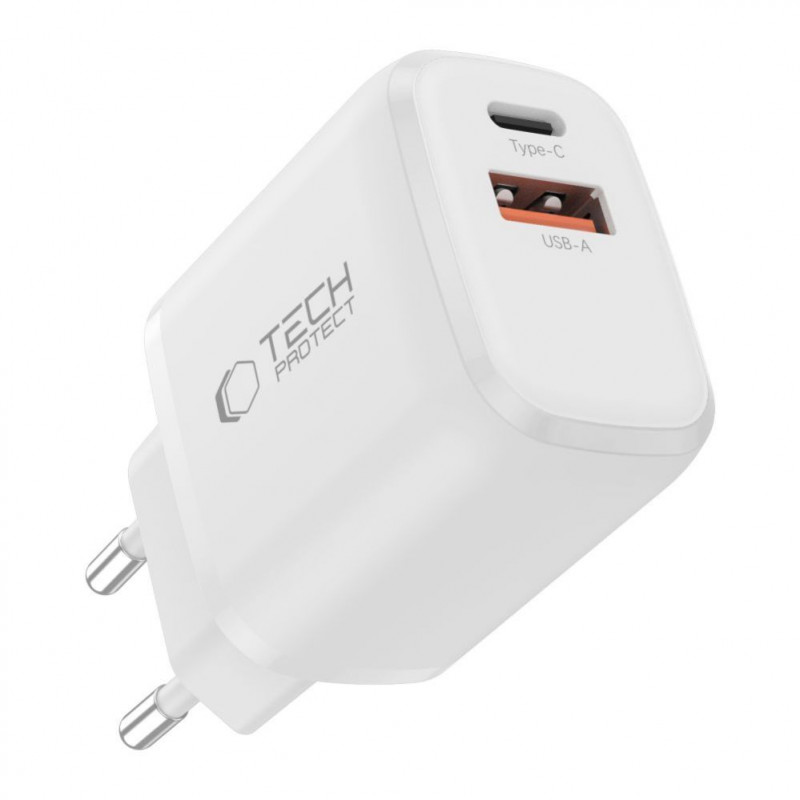Tech-Protect NCA20 USB-A / USB-C Wandladegerät PD 20W / QC3.0 mit USB-C / Lightning Kabel 100 cm, Weiß