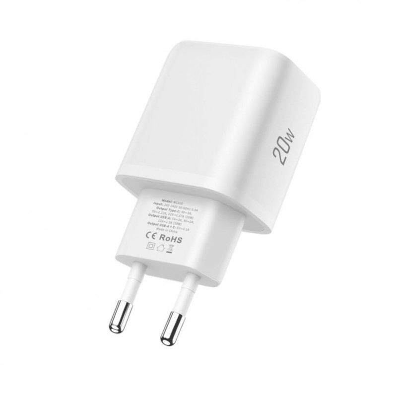 Tech-Protect NCA20 USB-A / USB-C Wandladegerät PD 20W / QC3.0 mit USB-C / Lightning Kabel 100 cm, Weiß
