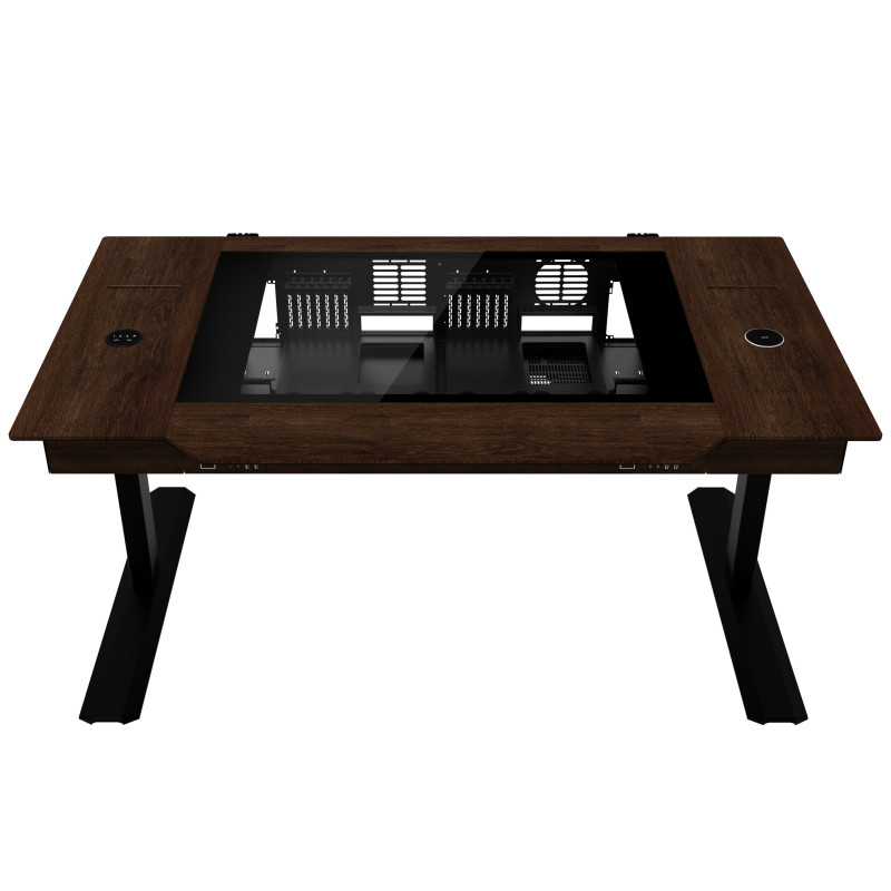 Lian Li DK07 Desk Case Wood Edition, Dual-System-fähig, 2x E-ATX, höhenverstellbar, Walnuss / Schwarz