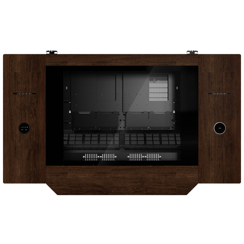 Lian Li DK07 Desk Case Wood Edition, Dual-System-fähig, 2x E-ATX, höhenverstellbar, Walnuss / Schwarz