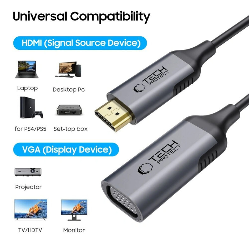 Tech-Protect UltraBoost HDMI-/VGA-Adapter, FHD 1920 x 1080, 60Hz, Schwarz