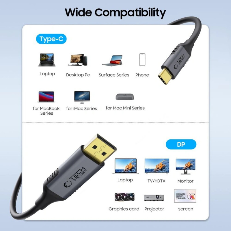 Tech-Protect UltraBoost USB-C-auf-DisplayPort-1.4-Kabel, 8K 60Hz, 180 cm, Schwarz