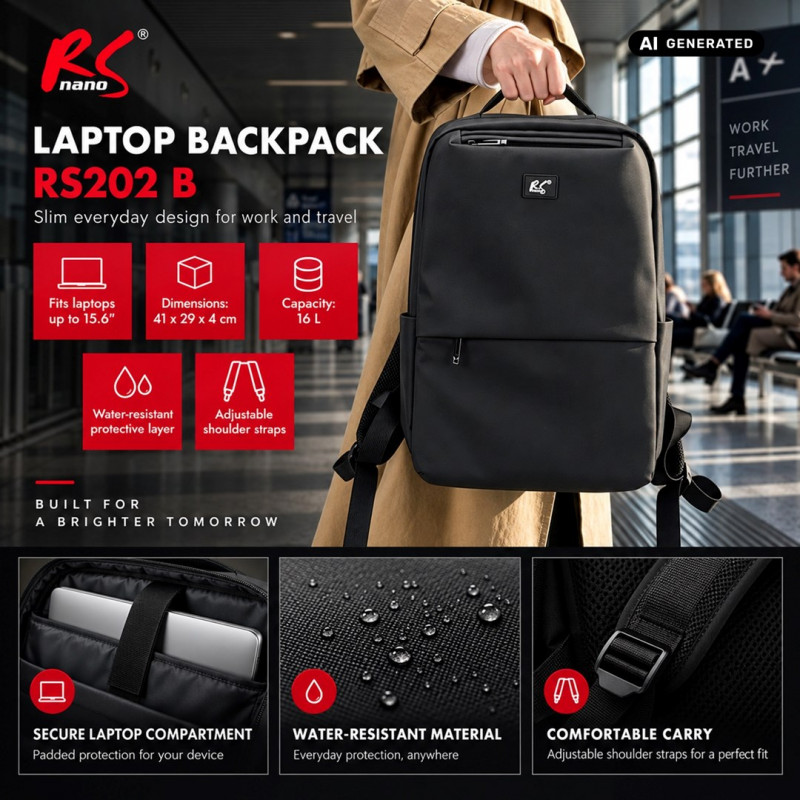 NanoRS RS202 B Laptop-Rucksack 15,6", Schwarz, 41x29x4, wasserdicht