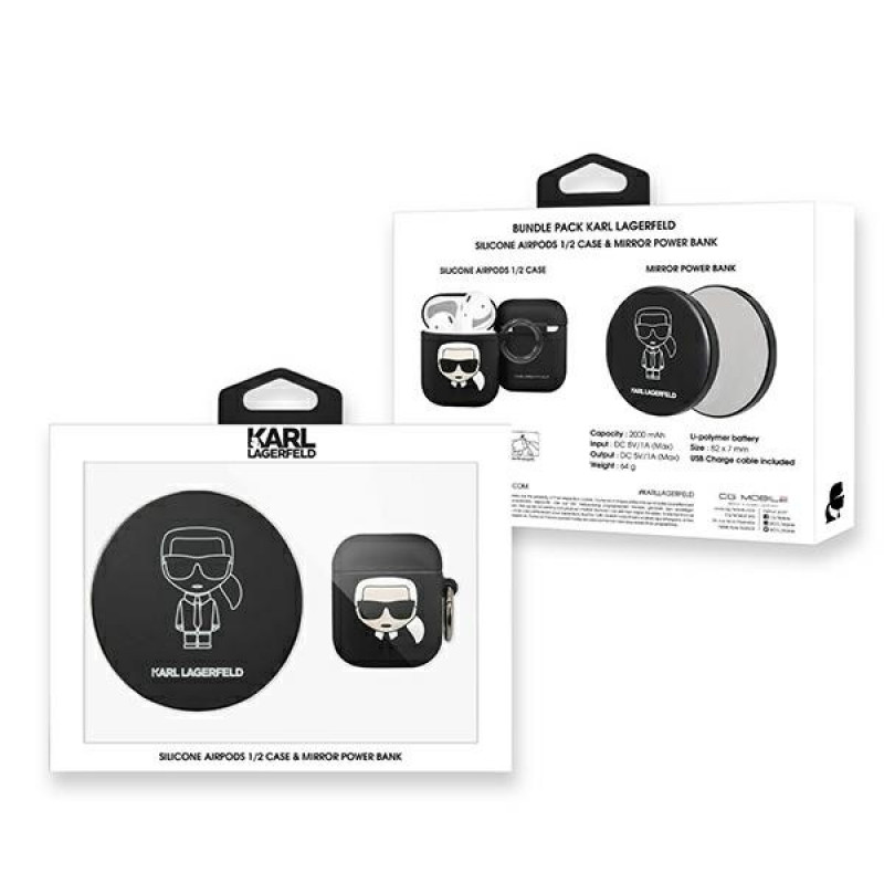 Karl Lagerfeld Ikonik Silikonhülle für AirPods 1/2 mit 2000 mAh Powerbank, schwarz