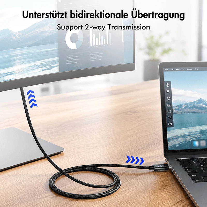 LogiLink CUA0120 USB 3.2 Gen2 Type-C Kabel, C/M auf DP/M, bi-di, 8K/60 Hz, Metall, schwarz, 1,8 m