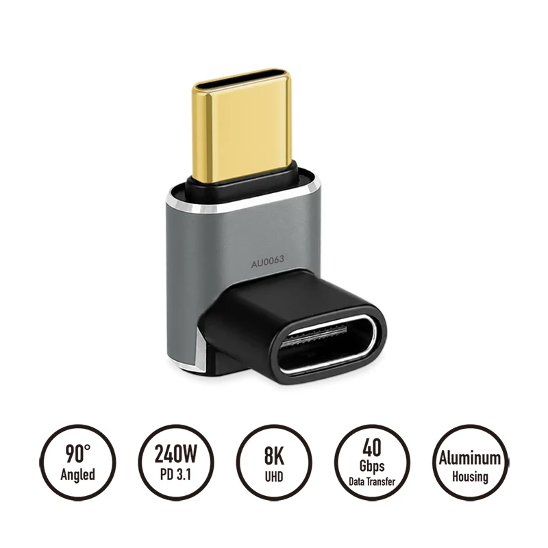 LogiLink AU0063 USB 4 Type-C Adapter 90° U/D, C/M auf C/F, 40 Gbps, 240 W, 8K/60 Hz, Metall, silber