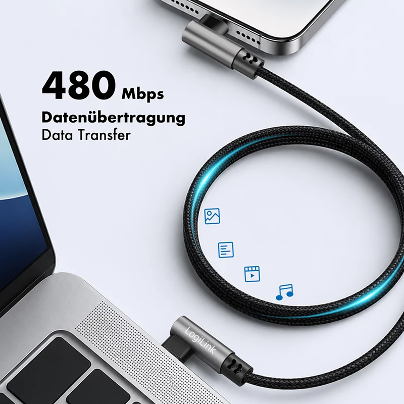 LogiLink CU0462 USB 2.0 Type-C Kabel, C/M 90° auf C/M 90°, 480 Mbps, 100W, Metall, silber/schwarz, 2 m