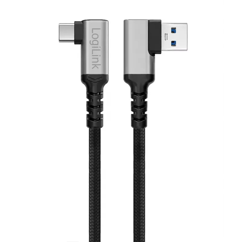 LogiLink CU0472 USB 3.2 Gen1 Type-C Kabel, A/M 90° auf C/M 90°, 5 Gbps, 60W, Metall, silber/schwarz, 1,5 m