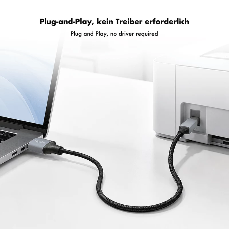 Logilink CU0107 USB-2.0-Kabel, USB-A/M auf USB-B/M, 480 Mbps, Nylon, Metall, schwarz/silber, 2 m