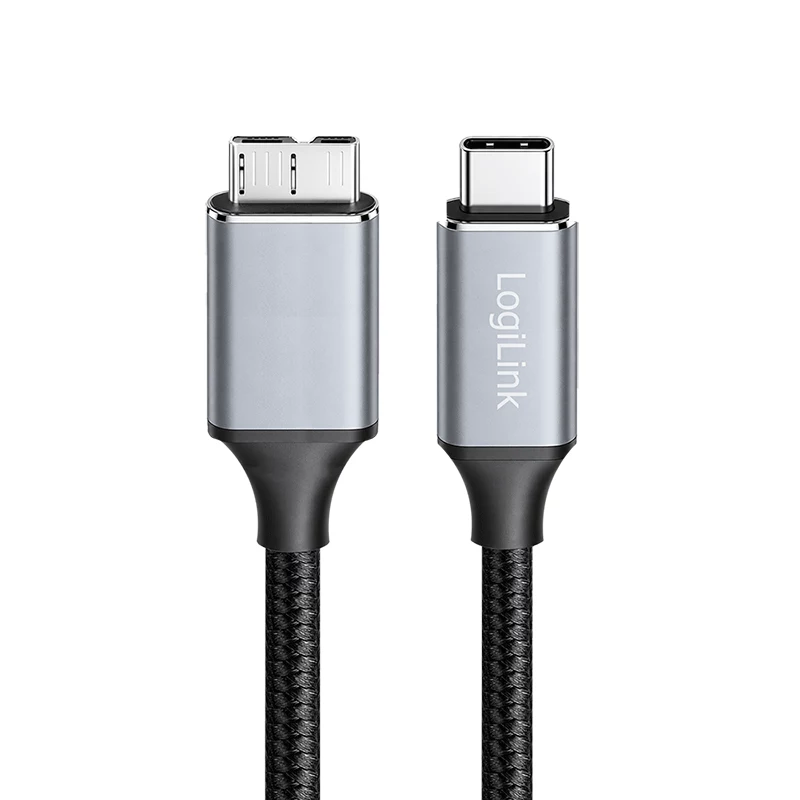 Logilink CU0198 USB 3.2 Gen1 Type-C Kabel, C/M auf Micro-USB/M, 5 Gbps, Nylon, Metall, schwarz/silber, 1 m