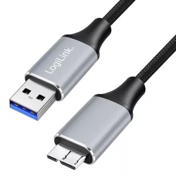 Logilink CU0291 USB-3.0-Kabel, A/M auf Micro-USB/M, 5 Gbps, Nylon, Metall, schwarz/silber, 2 m