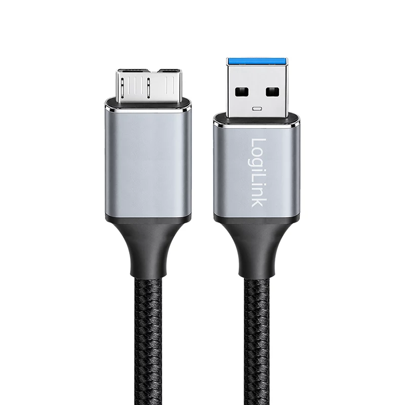 Logilink CU0291 USB-3.0-Kabel, A/M auf Micro-USB/M, 5 Gbps, Nylon, Metall, schwarz/silber, 2 m