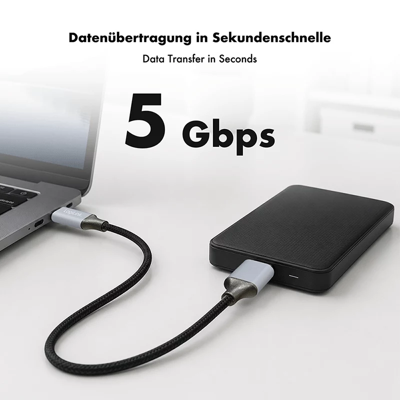 Logilink CU0199 USB 3.2 Gen1 Type-C Kabel, C/M auf Micro-USB/M, 5 Gbps, Nylon, Metall, schwarz/silber, 2 m