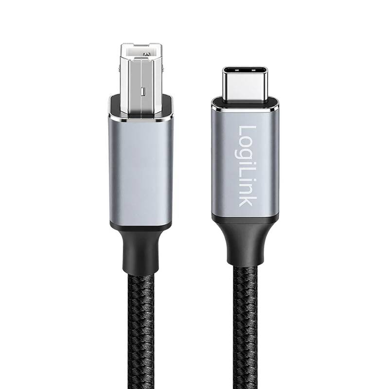 Logilink CU0516 USB 2.0 Type-C Kabel, C/M zu B/M, 480 Mbps, Nylon, Metall, schwarz/silber, 3 m