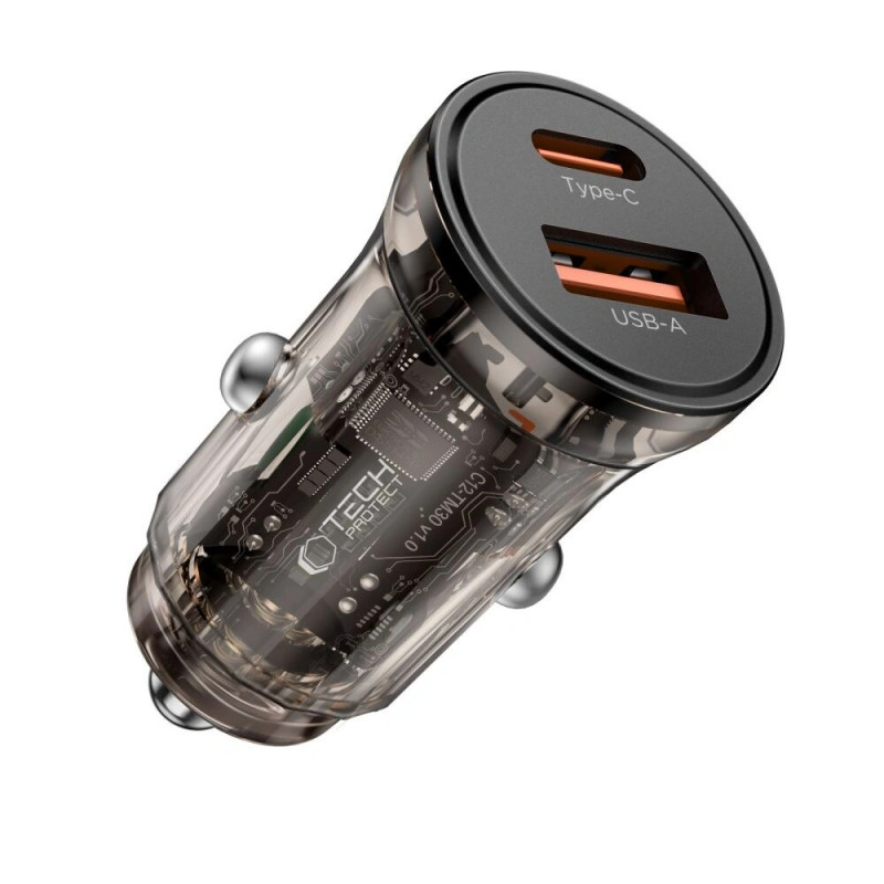 Tech-Protect CC01 2-Port-Autoladegerät USB-A / USB-C, PD 30W / QC 3.0, Schwarz