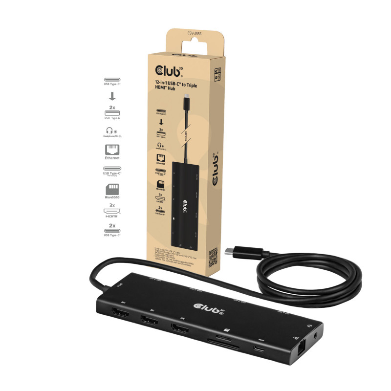 Club 3D CSV-2556 USB-C 12-in-1 Hub, 3x HDMI/3x USB-C/USB/LAN, 8K30Hz, PD 140W