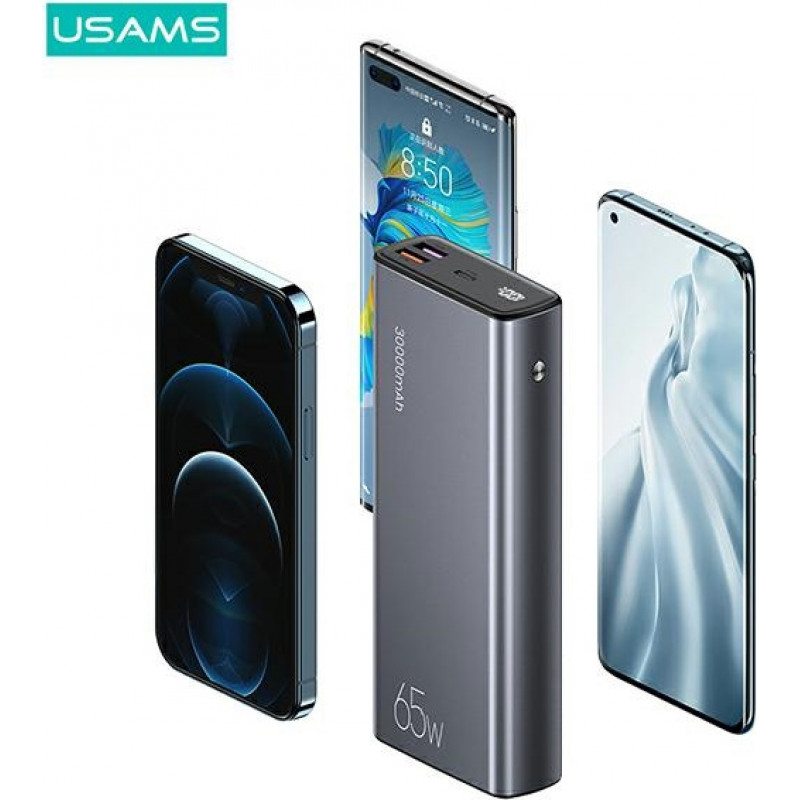 USAMS PB59 US-CD165 Powerbank 30000 mAh, 65 W, 2x QC3.0 + PD, schwarz, mit USB-C-auf-USB-C-Kabel