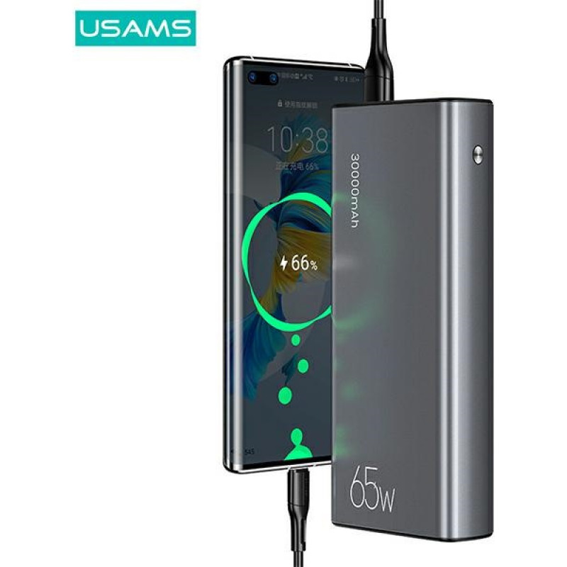 USAMS PB59 US-CD165 Powerbank 30000 mAh, 65 W, 2x QC3.0 + PD, schwarz, mit USB-C-auf-USB-C-Kabel