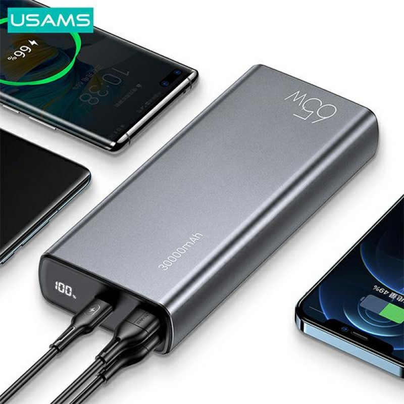 USAMS PB59 US-CD165 Powerbank 30000 mAh, 65 W, 2x QC3.0 + PD, schwarz, mit USB-C-auf-USB-C-Kabel