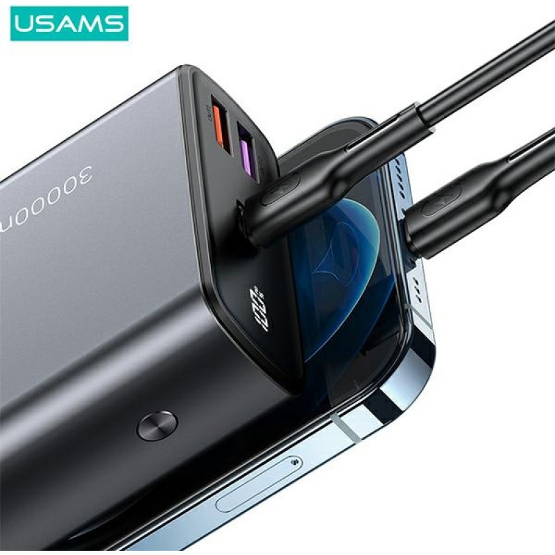 USAMS PB59 US-CD165 Powerbank 30000 mAh, 65 W, 2x QC3.0 + PD, schwarz, mit USB-C-auf-USB-C-Kabel
