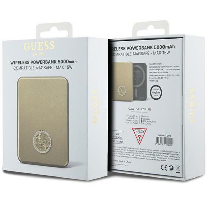 Guess GUPBM5AL4DMD 4G Strassed Metal Logo MagSafe Induktions-Powerbank 5000 mAh, 15W, gold