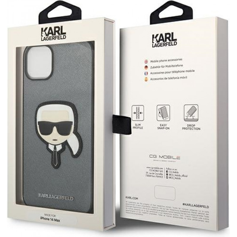 Karl Lagerfeld KLHCP14SSAPKHG Hardcase für Apple iPhone 14, Saffiano Karl's Head Patch, silber