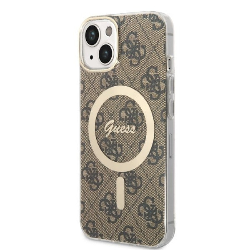 Guess GUBPP14SH4EACSW Hardcase für Apple iPhone 14 + Wireless Charger, 4G Print, MagSafe, braun