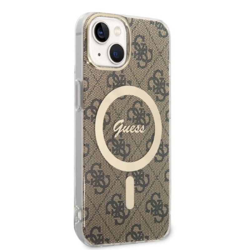 Guess GUBPP14SH4EACSW Hardcase für Apple iPhone 14 + Wireless Charger, 4G Print, MagSafe, braun