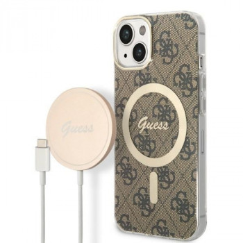 Guess GUBPP14MH4EACSW Hülle + kabelloses Ladegerät Apple iPhone 14 Plus / iPhone 15 Plus braunes Hardcase, 4G Print, MagSafe