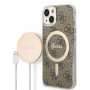Guess GUBPP14MH4EACSW Hülle + kabelloses Ladegerät Apple iPhone 14 Plus / iPhone 15 Plus braunes Hardcase, 4G Print, MagSafe