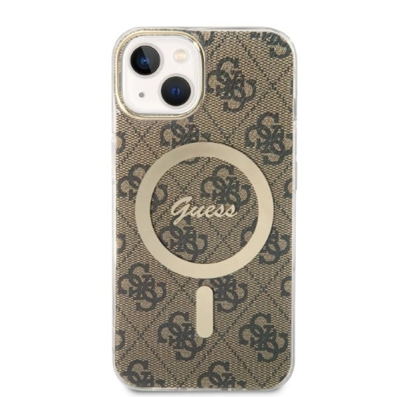 Guess GUBPP14MH4EACSW Hülle + kabelloses Ladegerät Apple iPhone 14 Plus / iPhone 15 Plus braunes Hardcase, 4G Print, MagSafe