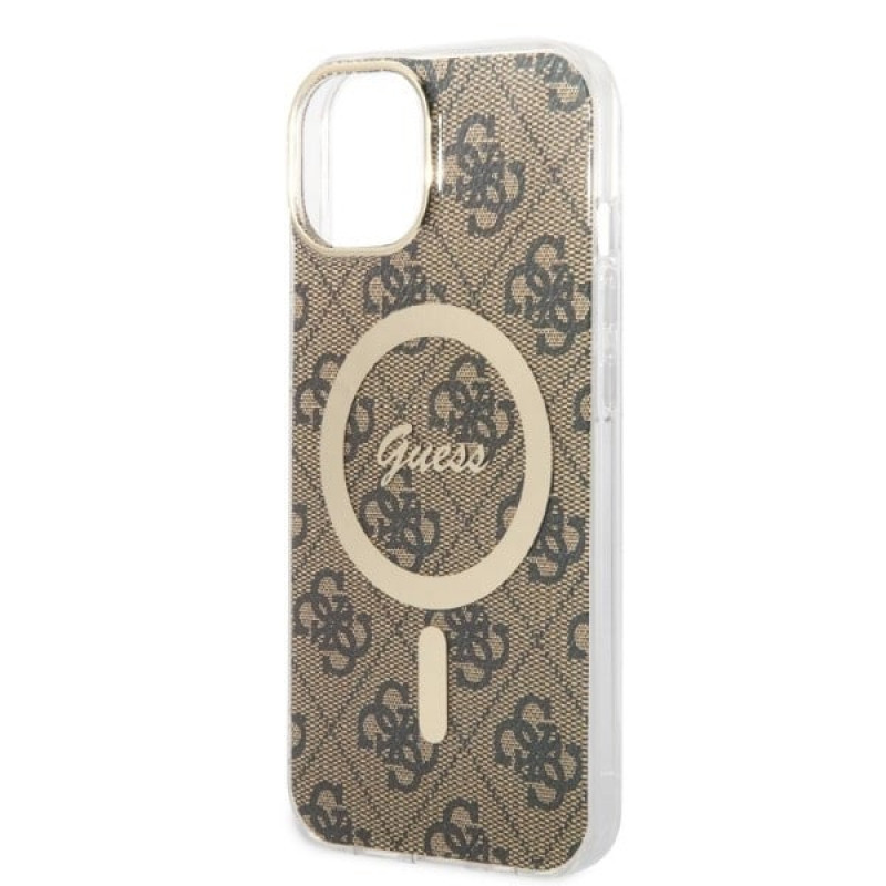 Guess GUBPP14MH4EACSW Hülle + kabelloses Ladegerät Apple iPhone 14 Plus / iPhone 15 Plus braunes Hardcase, 4G Print, MagSafe
