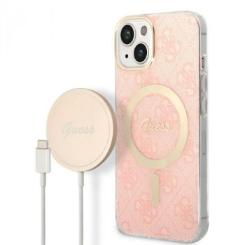 Guess GUBPP14MH4EACSP Hülle + kabelloses Ladegerät Apple iPhone 14 Plus / iPhone 15 Plus Pink Hardcase, 4G Print, MagSafe