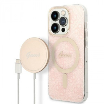 Guess GUBPP14LH4EACSP Hülle + kabelloses Ladegerät Apple iPhone 14 Pro Pink Hardcase, 4G Print, MagSafe