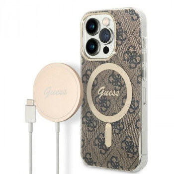 Guess GUBPP14LH4EACSW Hülle + kabelloses Ladegerät Apple iPhone 14 Pro braunes Hardcase, 4G Print, MagSafe