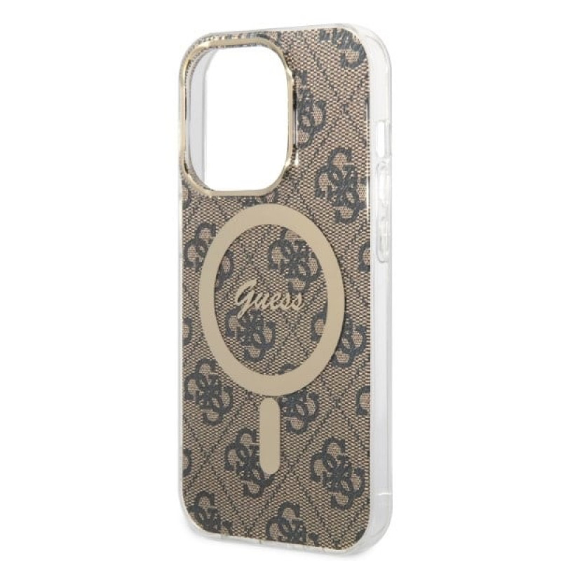 Guess GUBPP14LH4EACSW Hülle + kabelloses Ladegerät Apple iPhone 14 Pro braunes Hardcase, 4G Print, MagSafe