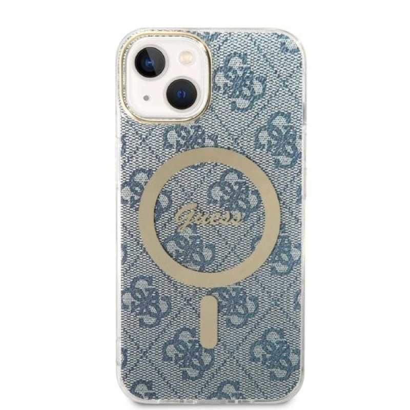 Guess GUBPP14MH4EACSB Hülle + kabelloses Ladegerät Apple iPhone 14 Plus / iPhone 15 Plus blaues Hardcase, 4G Print, MagSafe