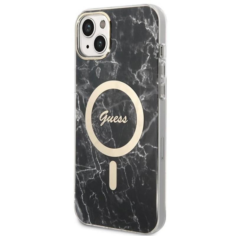 Guess GUBPP14MHMEACSK Hülle + kabelloses Ladegerät Apple iPhone 14 Plus / iPhone 15 Plus Schwarz Hardcase, Marble, MagSafe
