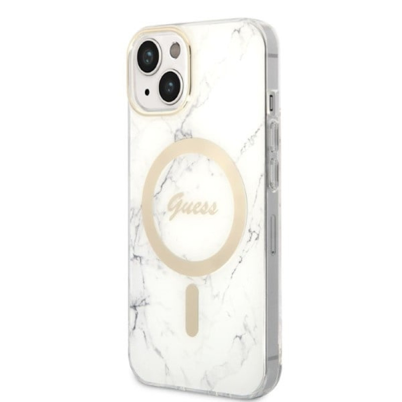 Guess GUBPP14MHMEACSH Hülle + kabelloses Ladegerät Apple iPhone 14 Plus / iPhone 15 Plus Weiß Hardcase, Marble, MagSafe