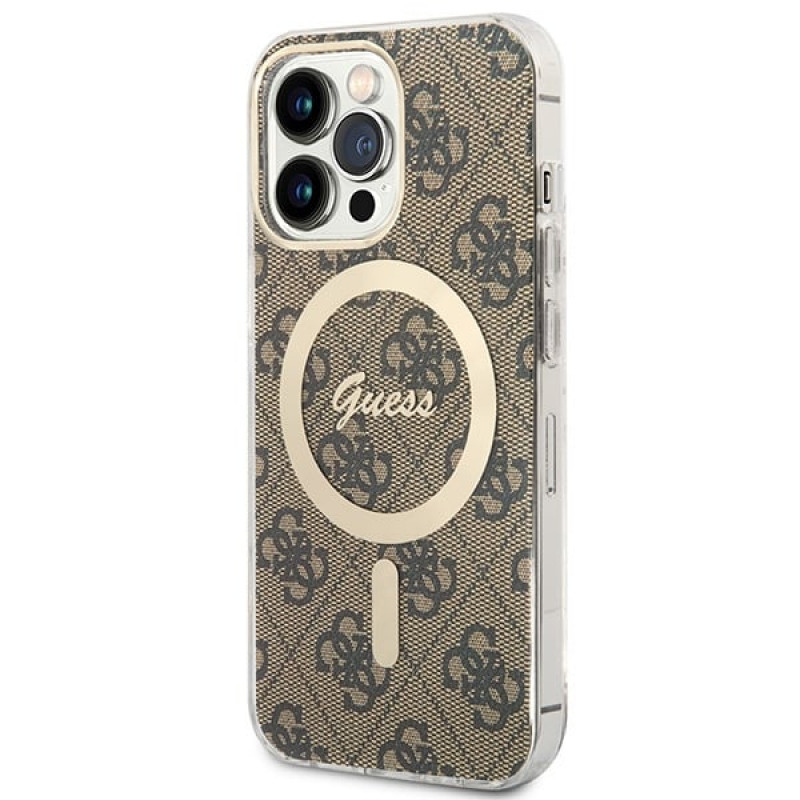 Guess GUBPP13LH4EACSW Hülle + kabelloses Ladegerät Apple iPhone 13 Pro braunes Hardcase, 4G Print, MagSafe