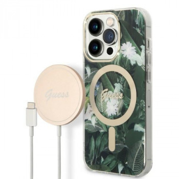 Guess GUBPP14XHJEACSA Hülle + kabelloses Ladegerät für Apple iPhone 14 Pro Max, Jungle, grüne Hardcase-Hülle, MagSafe