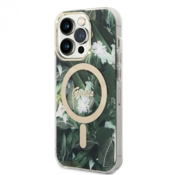 Guess GUBPP14XHJEACSA Hülle + kabelloses Ladegerät für Apple iPhone 14 Pro Max, Jungle, grüne Hardcase-Hülle, MagSafe