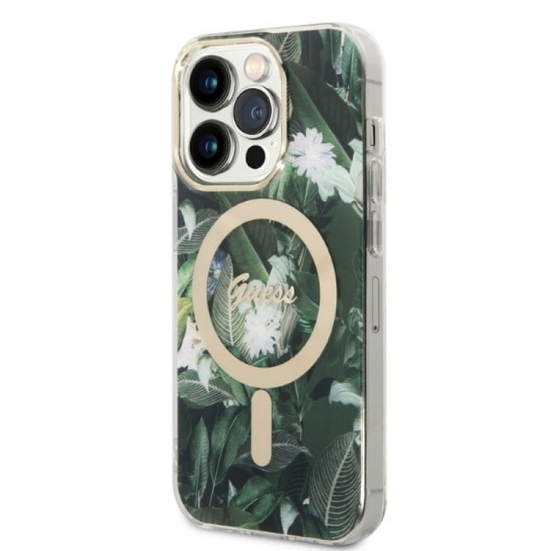 Guess GUBPP14XHJEACSA Hülle + kabelloses Ladegerät für Apple iPhone 14 Pro Max, Jungle, grüne Hardcase-Hülle, MagSafe