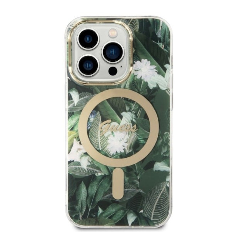 Guess GUBPP14XHJEACSA Hülle + kabelloses Ladegerät für Apple iPhone 14 Pro Max, Jungle, grüne Hardcase-Hülle, MagSafe
