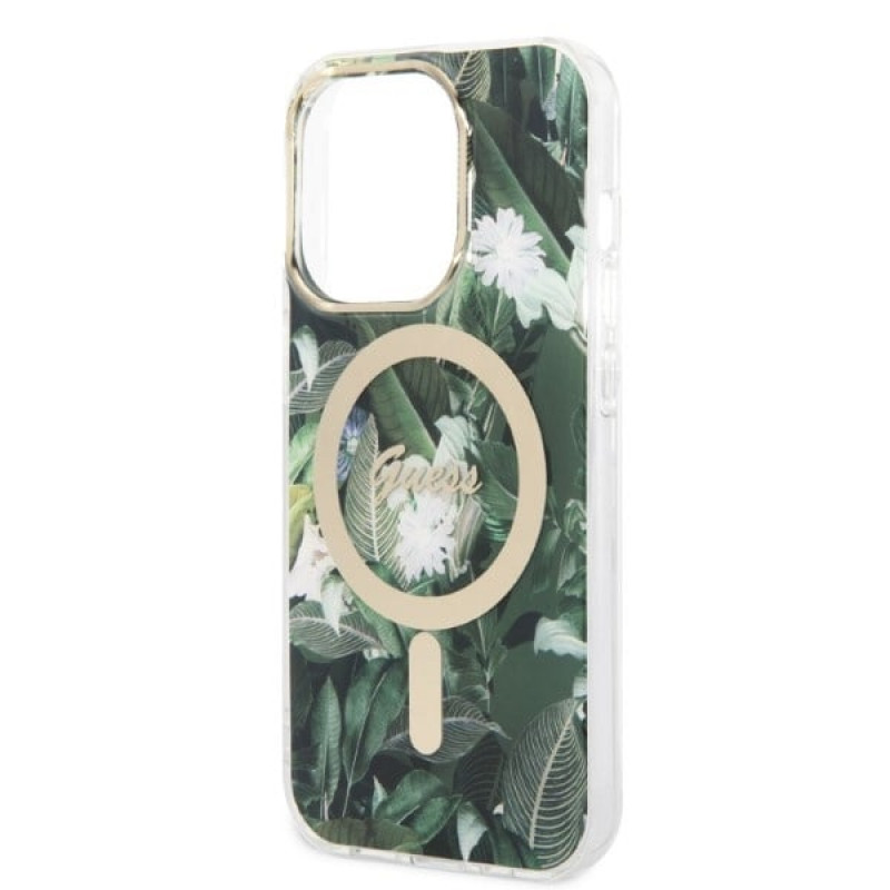 Guess GUBPP14XHJEACSA Hülle + kabelloses Ladegerät für Apple iPhone 14 Pro Max, Jungle, grüne Hardcase-Hülle, MagSafe