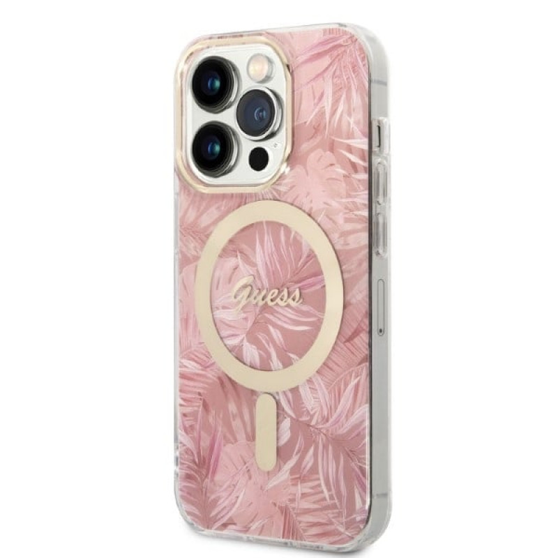 Guess GUBPP14LHJEACSP Hülle + kabelloses Ladegerät für Apple iPhone 14 Pro, Jungle, rosa Hardcase, MagSafe