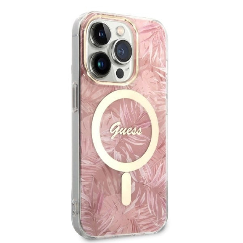 Guess GUBPP14LHJEACSP Hülle + kabelloses Ladegerät für Apple iPhone 14 Pro, Jungle, rosa Hardcase, MagSafe